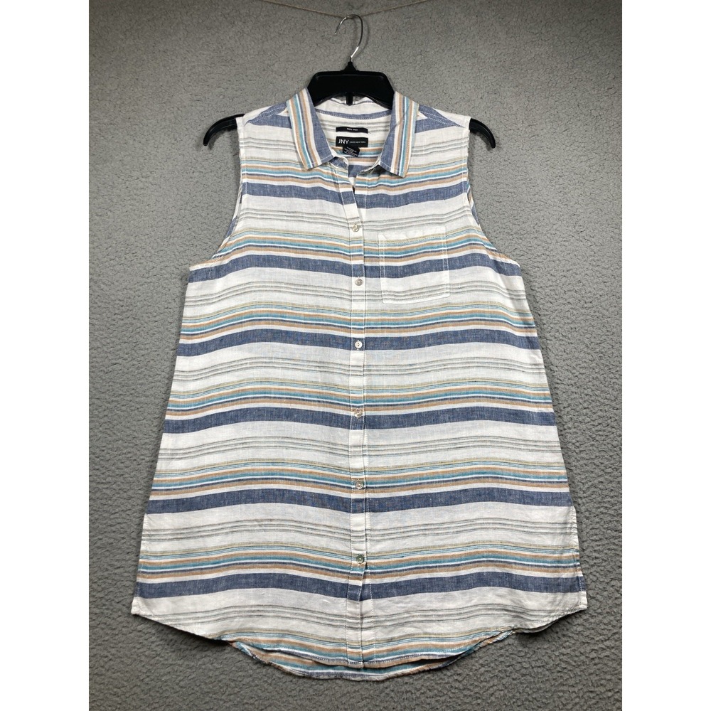 JNY Top Women's Medium Blue Striped Linen Sleeveless Button Up Coastal Beachy